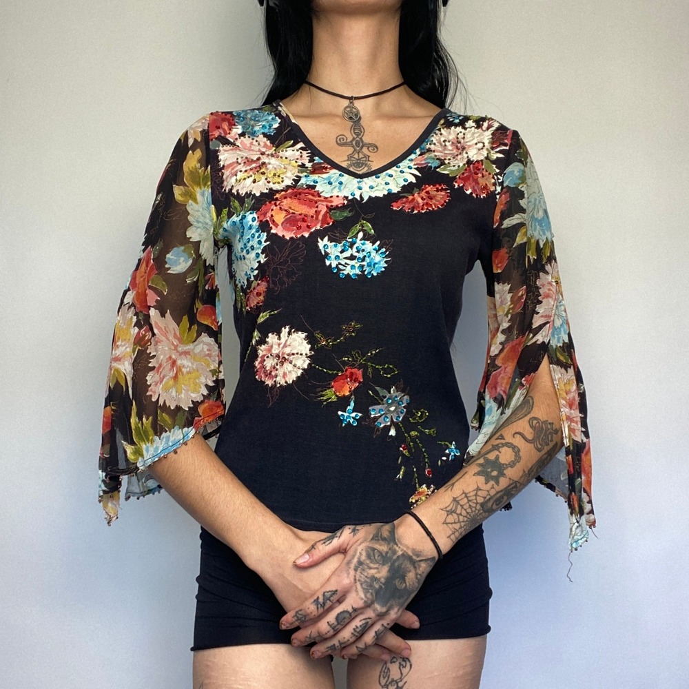 Y2K Black Floral Mesh Top Beaded Rhinestone Bell Sleeve Fairy Grunge Blouse
